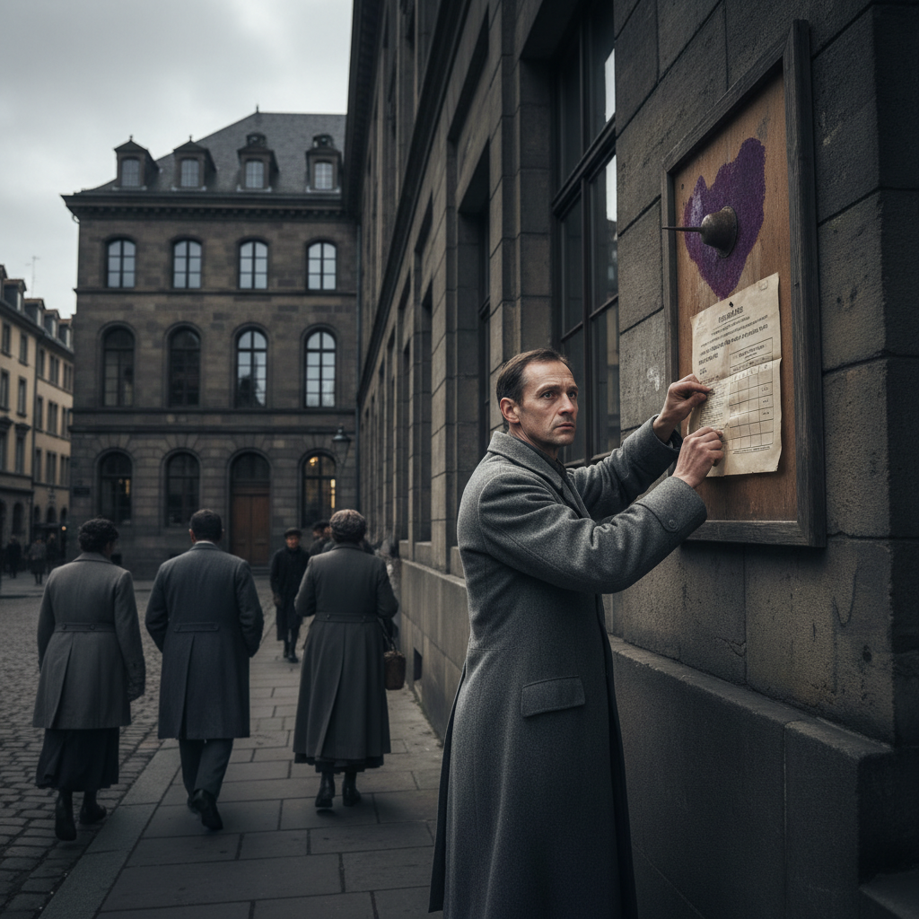 A district compliance board on a Strasbourg street bears a bruised purple brand mark, a sector clerk pins a ration-tier notice below while civilians pass with averted eyes