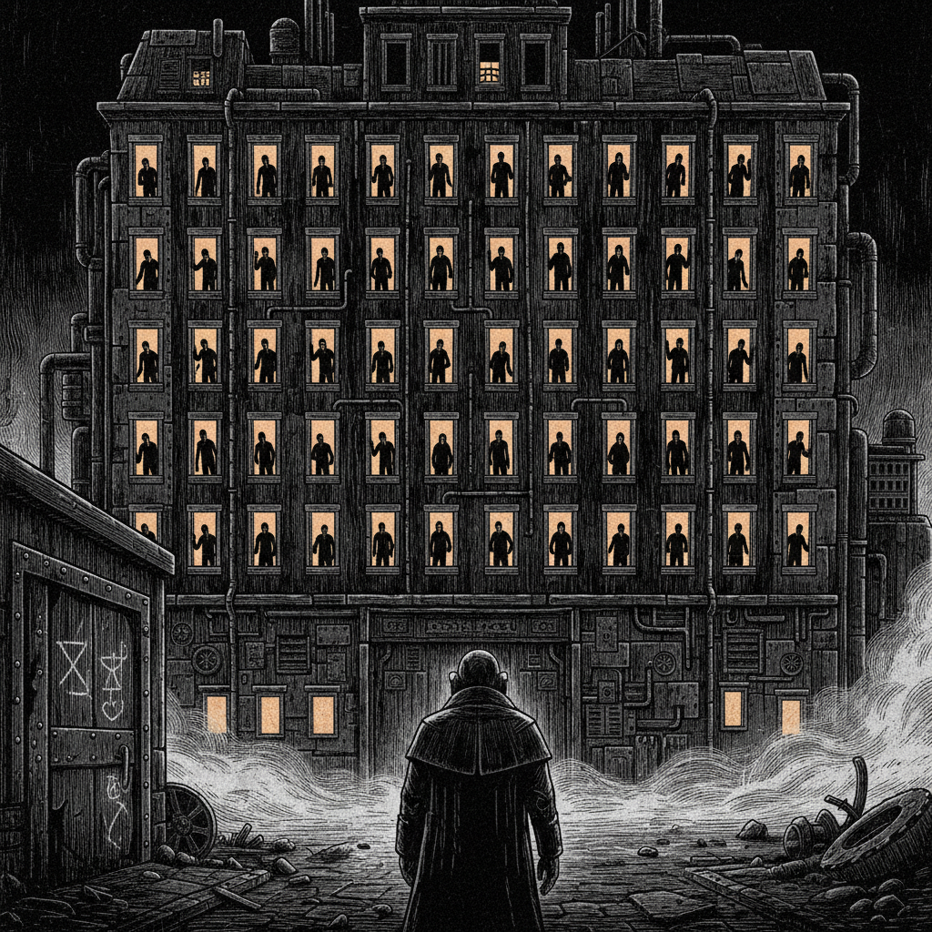 A deadzone tenement block at midnight, every window open and glowing with sourceless amber light, silhouetted figures at each window with mouths moving, an Auditor retreating at the bottom of the frame