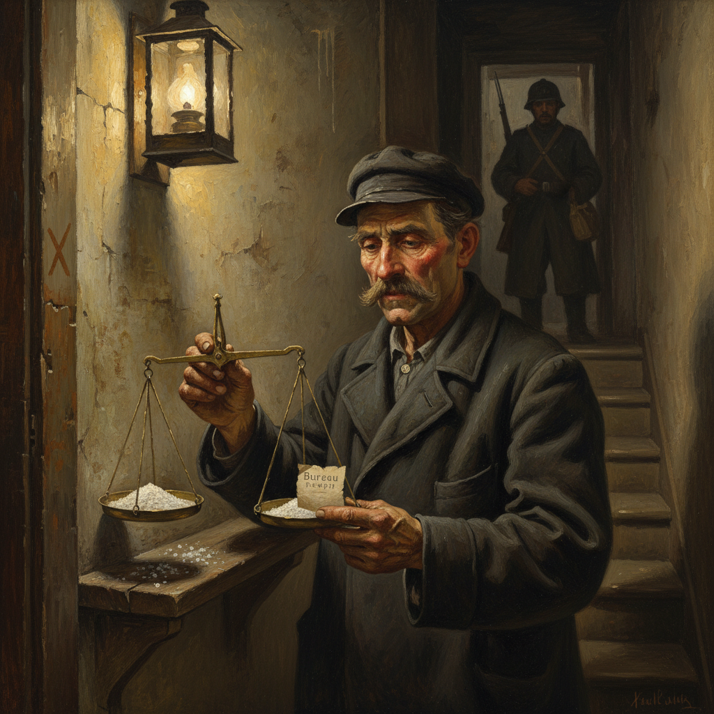 A Tithe Assessor in a Strasbourg tenement stairwell, folding brass scales on the ledge with a widow's grey salt in the pan, armed escort visible as a shadow behind him, rust-brown arrears chalk on the adjacent door.