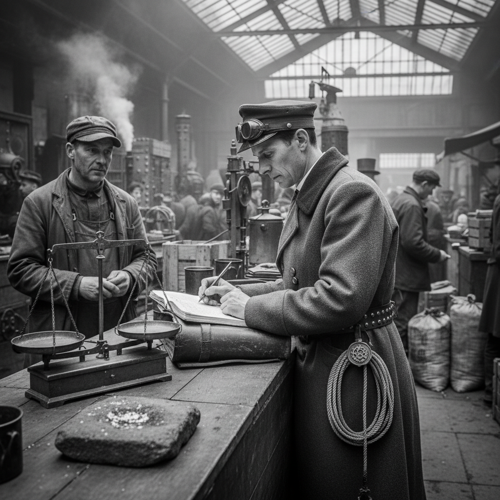 A Tithe Assessor at a market stall on collection day, battered brass folding scale and brine-testing stone on the counter, the merchant watching with careful neutrality.