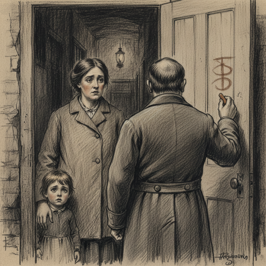 The Widow Route: a woman in a plain coat at her tenement door, child behind her, the Assessor's back to the viewer, rust-brown chalk raised to mark the doorframe with arrears notation.
