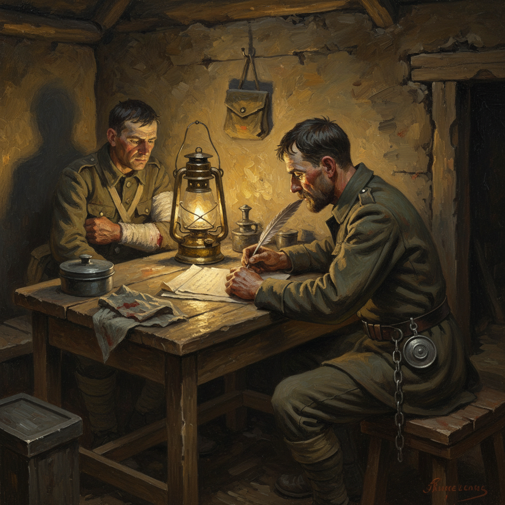 A Trench-Court Clerk at his plank table in a forward dugout, lantern casting yellow light on mud walls, recording the last words of a wounded soldier held upright by a medic, seal tin chained to his belt, contradiction pouch on a hook behind him