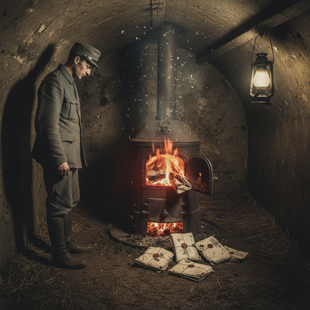 A field furnace burning contradiction bundles in a dugout, iron box open, sealed paper pouches feeding into the flame, a grey-coated clerk standing to the side with averted eyes, ash drifting in lamplight