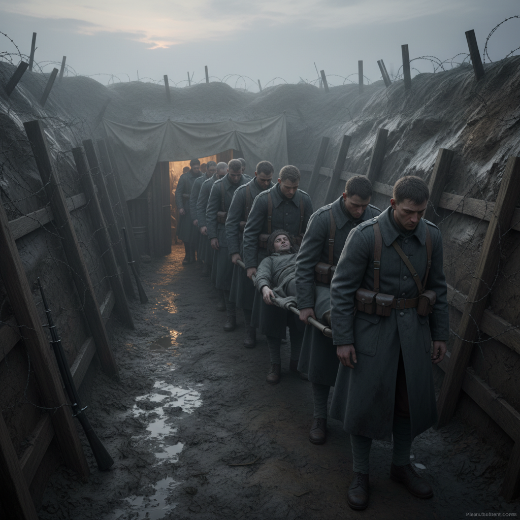 The queue of the dying outside a trench-court dugout flap at dawn, grey-coated soldiers in a ragged line, some on stretchers held by medics, mud trench walls, morning mist, lantern glow through the canvas flap