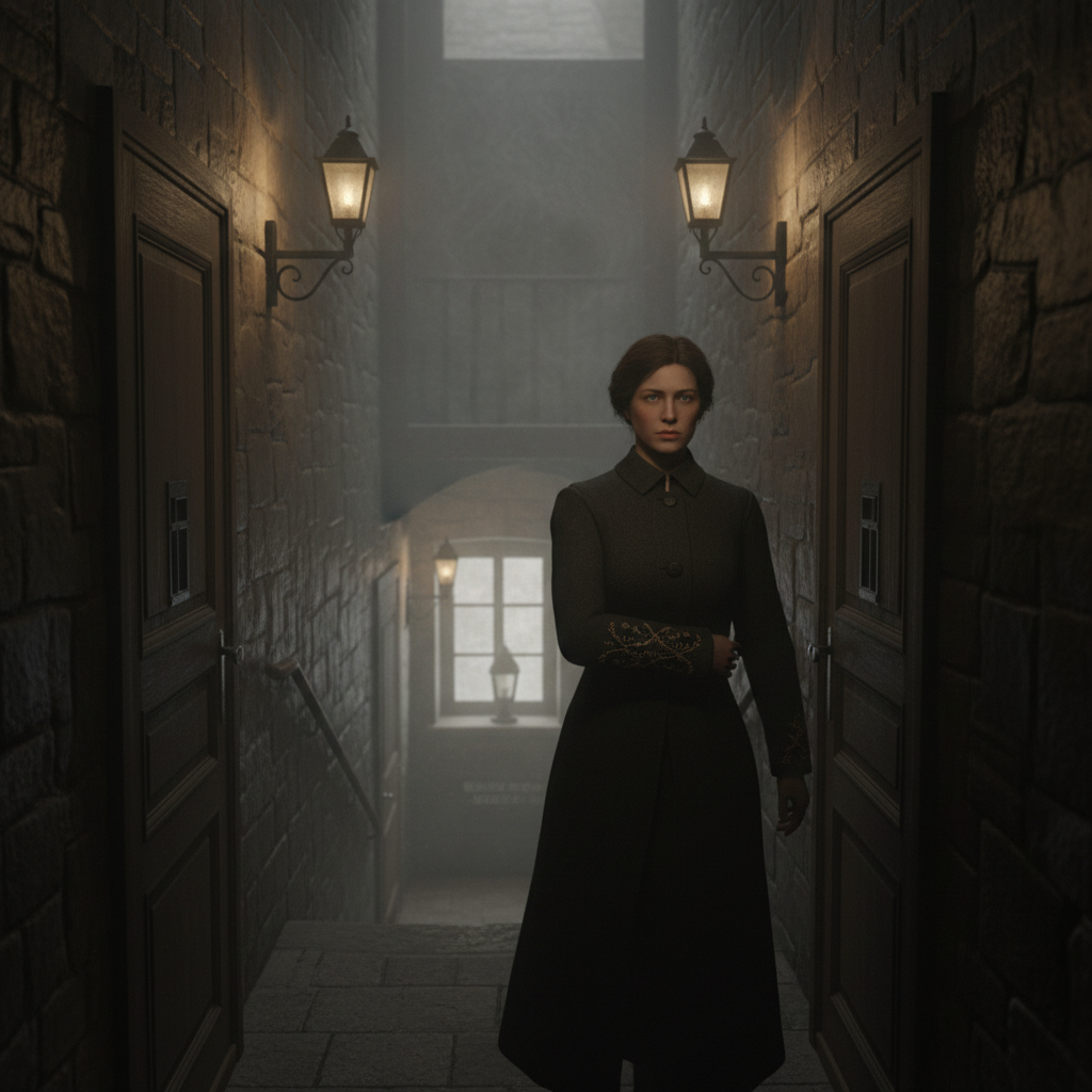 A Lull-runner in a gaslit Strasbourg tenement corridor at curfew, embroidered cuff held close, Bureau of Purity lantern-light visible at the stairwell below her