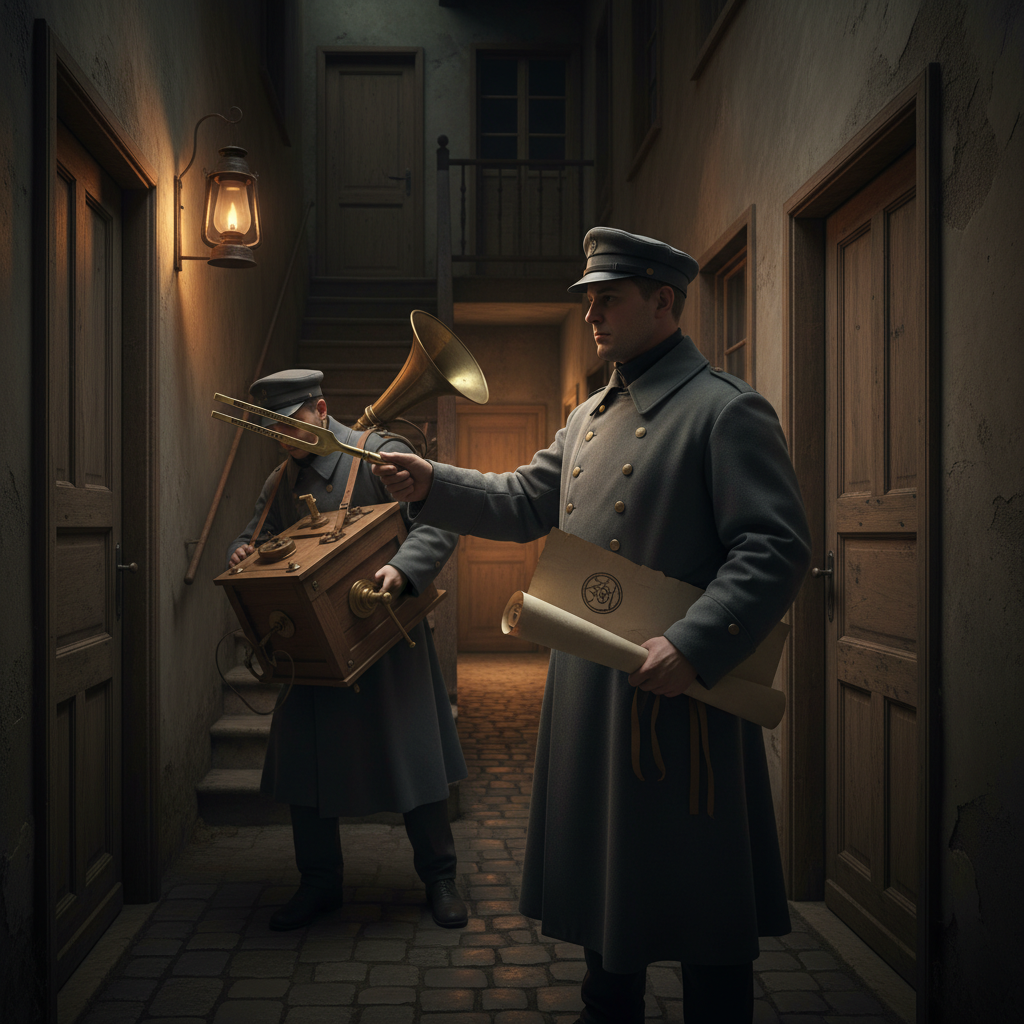 A Tone Inquisitor holding a calibrated brass tuning fork toward a closed tenement door at night, colleague with a resonance box behind him, Strasbourg corridor