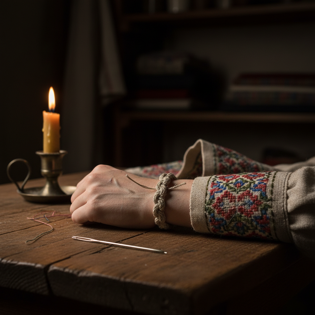 Saint-knot cord bracelet of Saint Hessa of the Closed Mouth on a thread-stained wrist, embroidery needle beside it on a worn table, single candle casting warm light