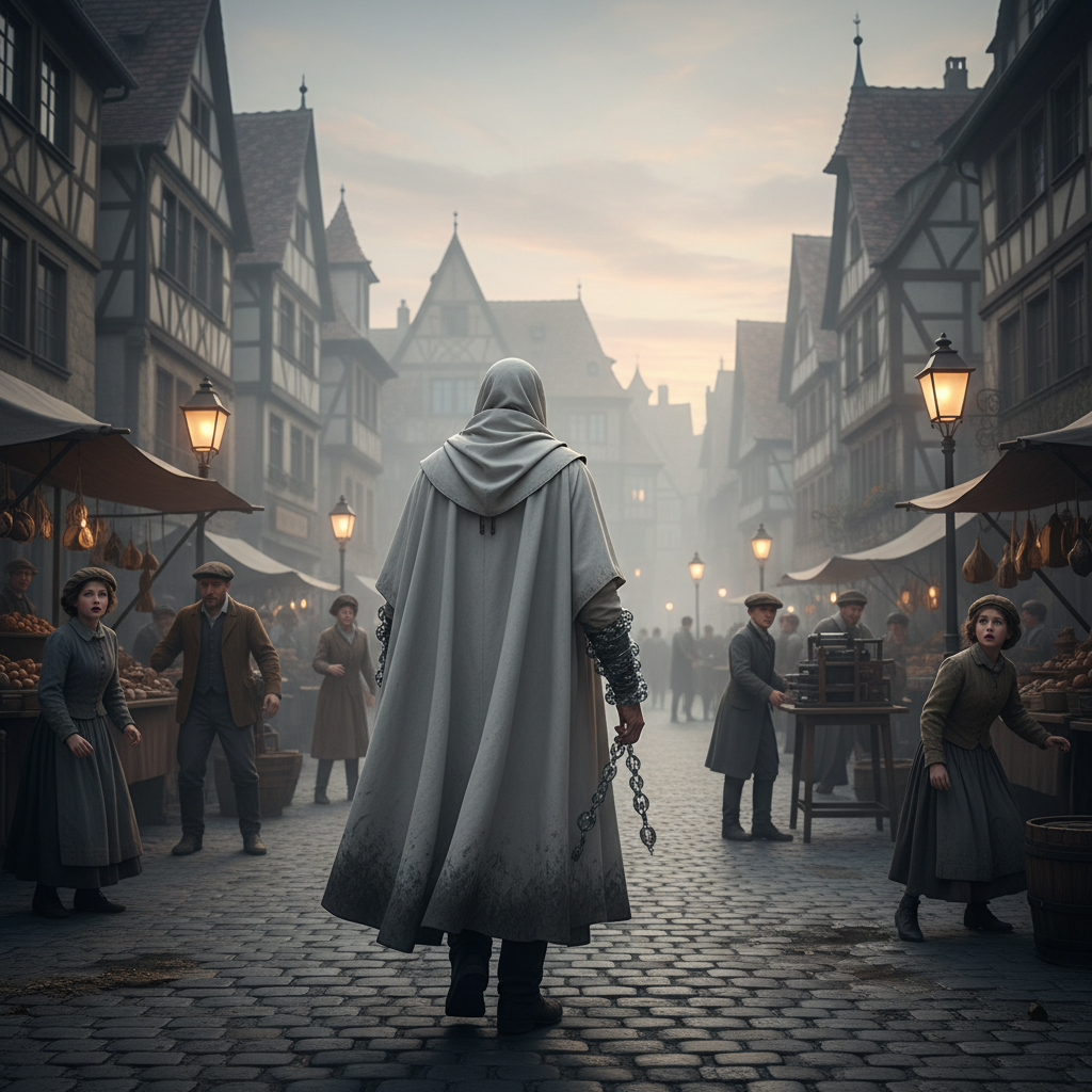 A White-Mantled Inquisitor crossing a Strasbourg market square at dawn, glass chain at the wrist, the market falling silent ahead of him, merchants and children drawing back, gas lanterns burning in morning fog