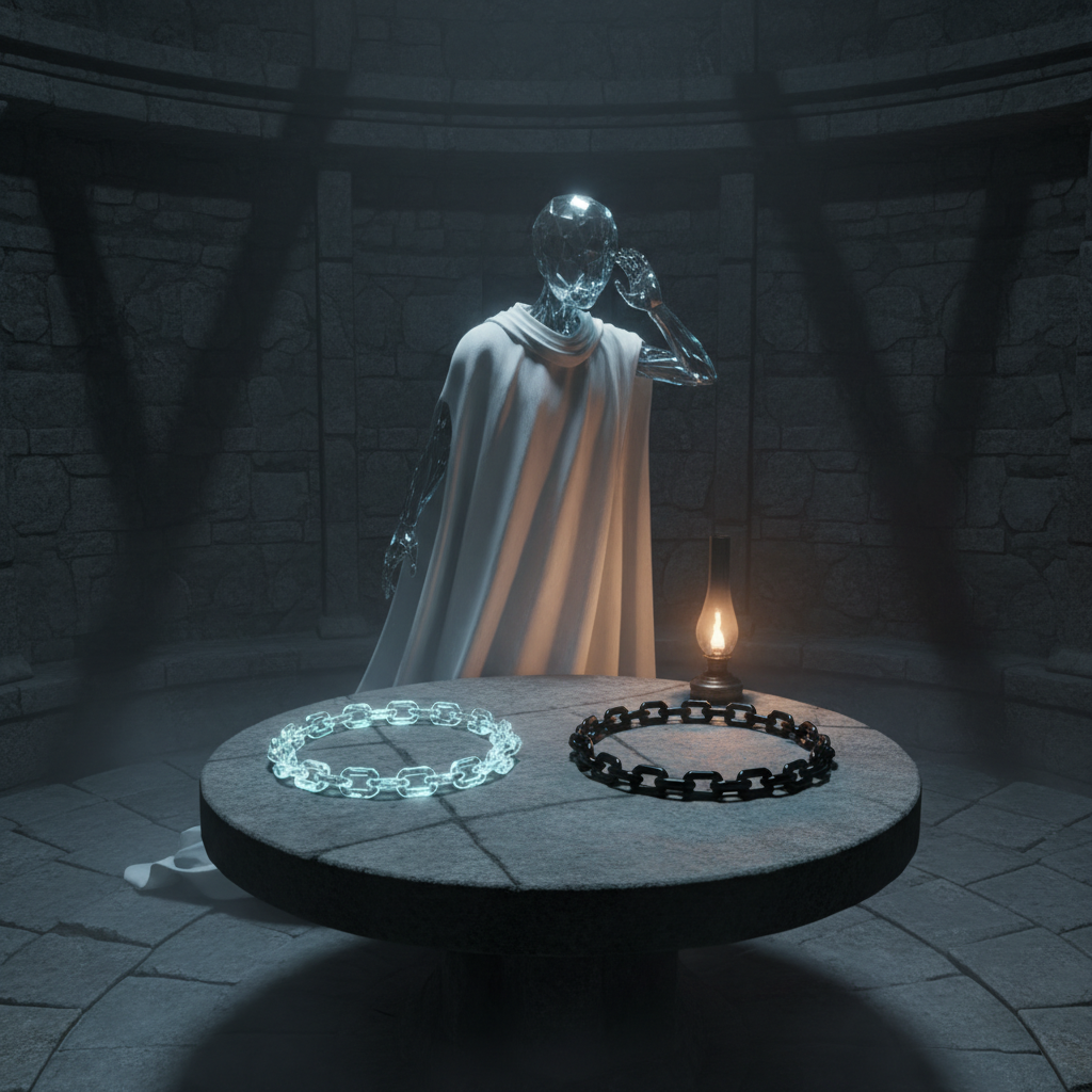 A Glass-Canon alone in a sealed stone room at night, two chains laid in circles on the table — one clear glass faintly luminous, one black — the Canon standing with head inclined as though listening to a sound the viewer cannot hear
