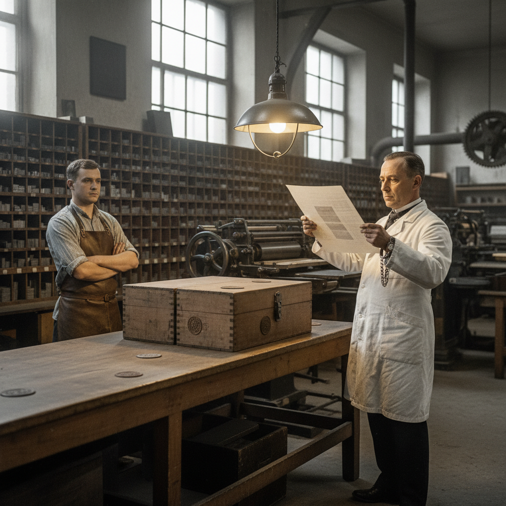 A Mantle Examiner in white coat with glass chain at his wrist holding a confiscated broadsheet to an inspection lamp in a Strasbourg print-shop, the printer watching with careful neutrality, seizure boxes on the counter