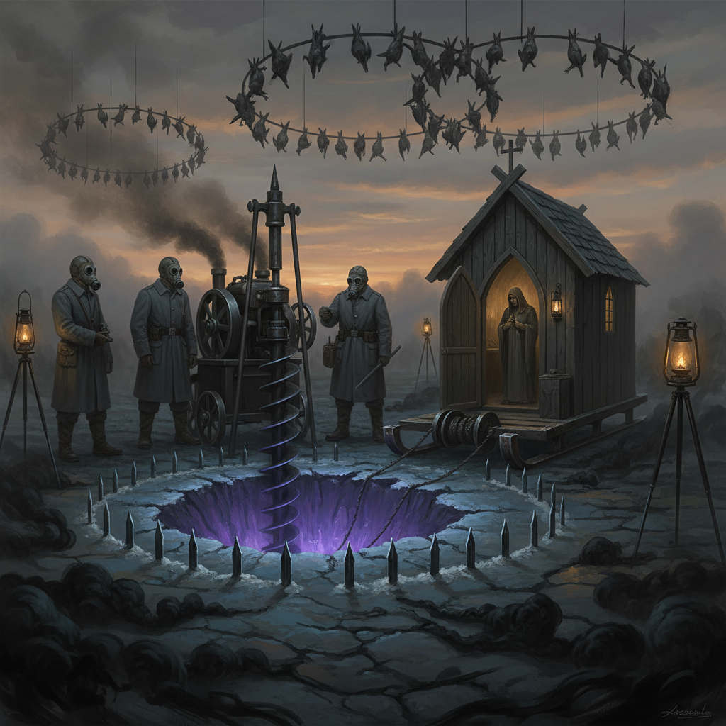 Wound-Site Prospector crew at a demon-seep extraction site at dusk — respirator-masked workers in grey around an iron auger in blue-frosted earth, ward spikes at the perimeter, chapel sled behind them, oily vapors pooling at ground level
