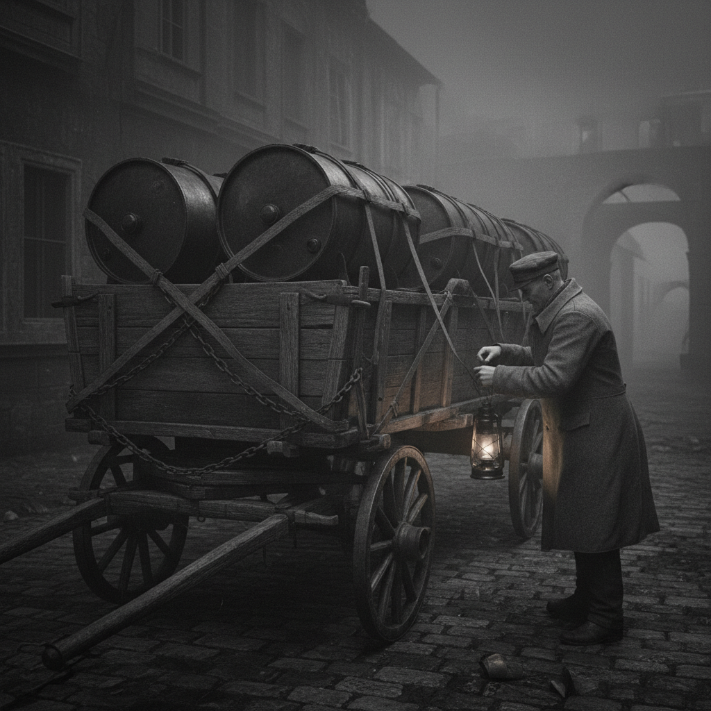Sealed wound-site fuel drums strapped to a convoy wagon at night, a grey-coated captain checking leather and chain lashings by lantern light, one drum surface catching the lamp in a faint convex bulge
