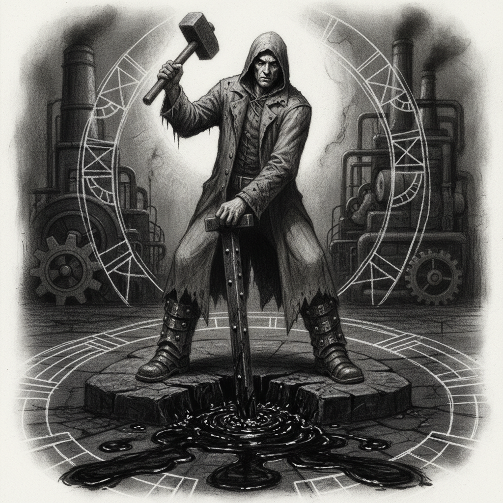 Saint Orren of the Iron Plug driving an iron spike into a bleeding stone fissure, hammer raised, black seepage darkening the stone around his feet, face resolved and focused