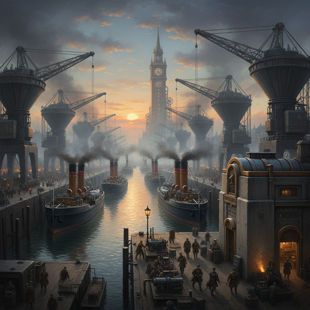 Hamburg harbour at dawn from the Elbe, stone quays with crane gantries and coal chutes, steamships at deep-draught berths, a Bureau of War customs shed in the foreground, Synod quarter tower through morning mist