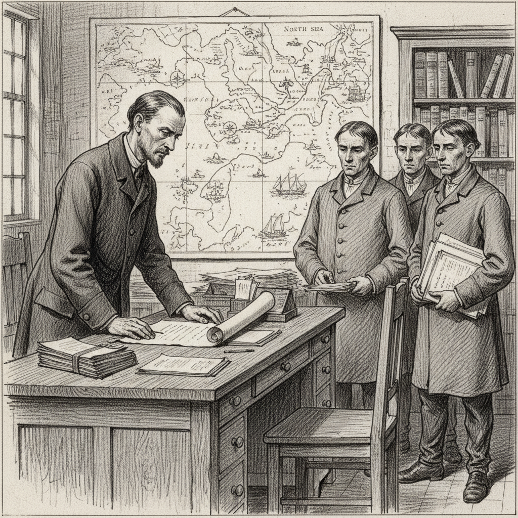 A Dutch factor's office in Hamburg's Merchant Quarter, a lean man in plain coat examining a contract across a heavy desk, Bureau of Tithes clerks waiting with papers, North Sea trade route maps on the wall behind