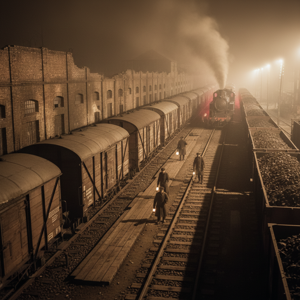 Hamburg-Kanzleiburg rail yards at night, rows of grain and coal wagons stretching back into fog, lantern-men walking the couplings, engine glow illuminating a warehouse wall