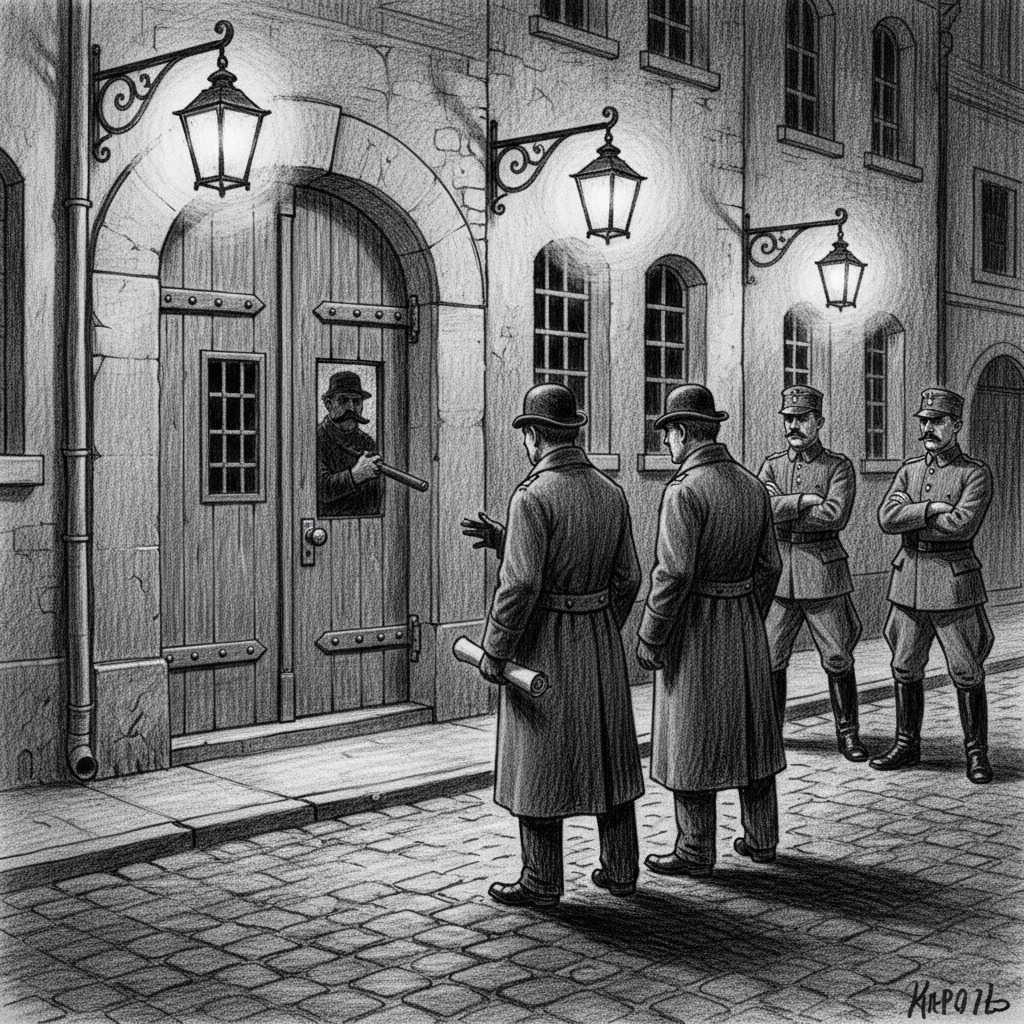 Bureau of Purity agents at a shuttered beer-hall door in the Old City, garrison officers watching with crossed arms as the patrol retreats, gas lanterns, A.S. 140.