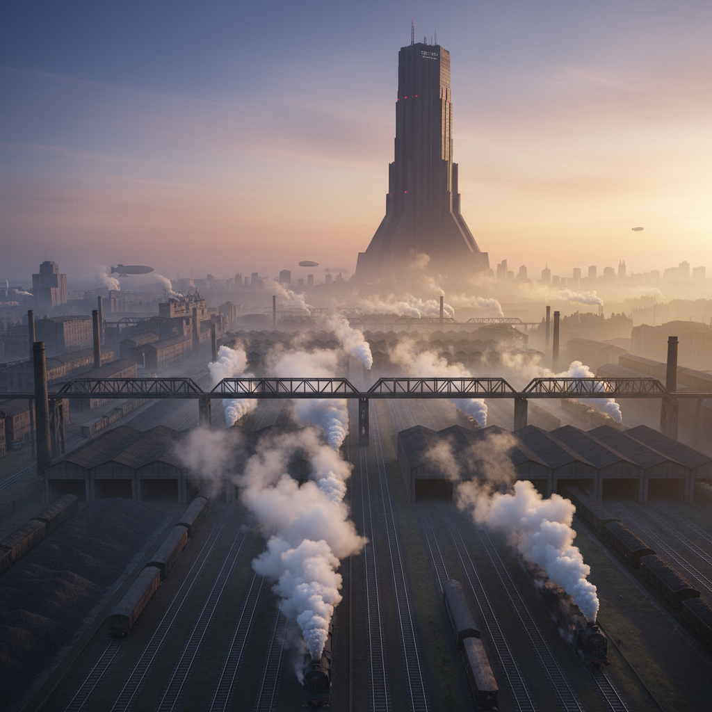 Kanzleiburg Rail Quarter at dawn, twelve square kilometres of marshalling yards and engine sheds, steam rising from sixty sidings, the Hamburg line cutting west into fog.