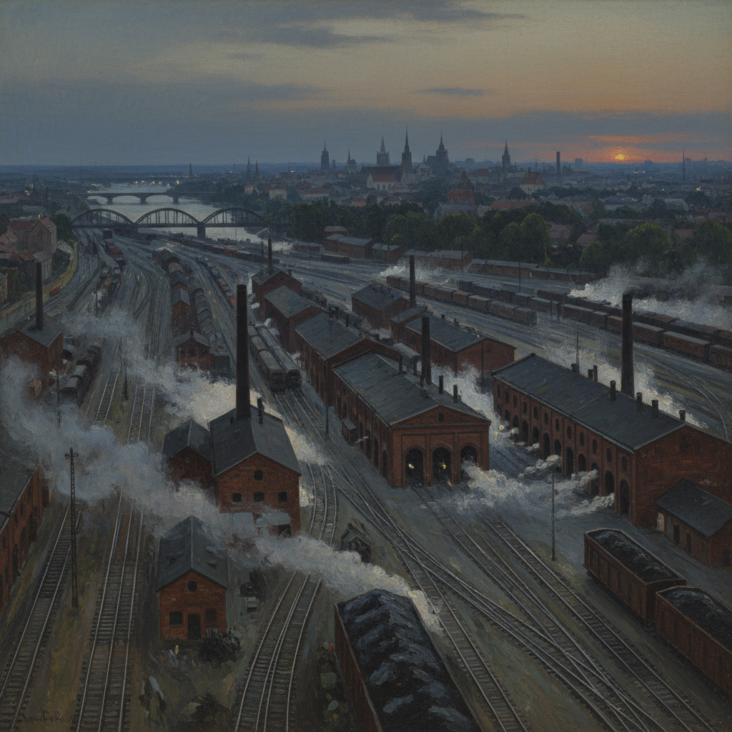 Warsaw's eastern rail yards at dusk — marshalling tracks and engine sheds stretching to the horizon, steam rising from dozens of sidings, the Vistula bridge in the distance with church spires beyond, a faint orange glow on the flat eastern horizon.