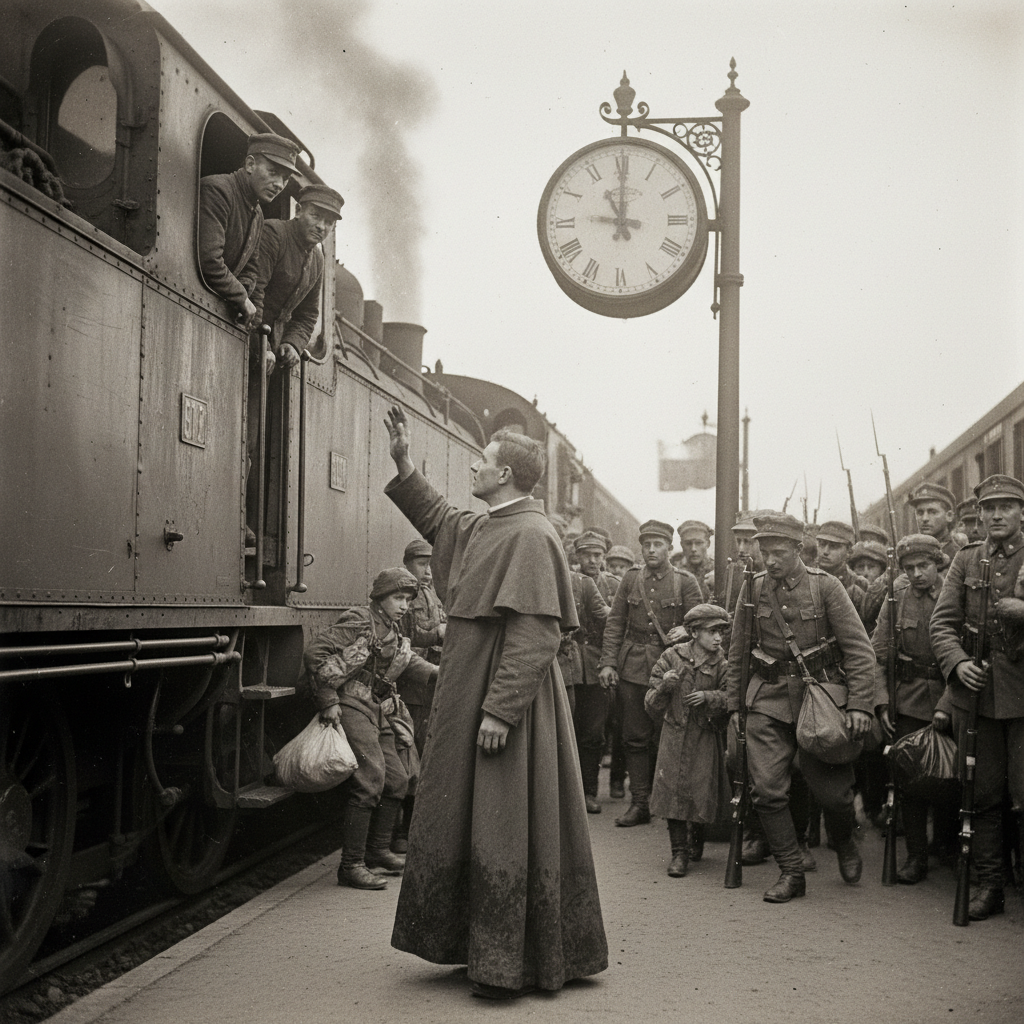 A Rail-Confessor Corps chaplain in a grey cassock at a Warsaw departure platform, one hand raised in a rapid blessing toward a locomotive crew leaning from the cab window, departure clock on the iron post behind him.
