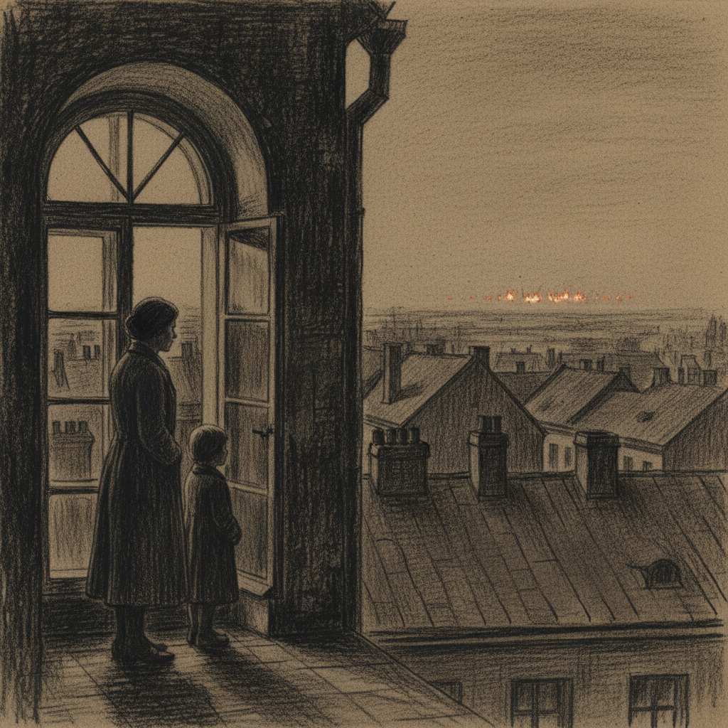 A woman in a plain coat and a child at a Praga tenement window at night, both looking east toward the flat corridor, a faint irregular glow of distant bell-cannon fire visible on the dark horizon beyond the rooftops.