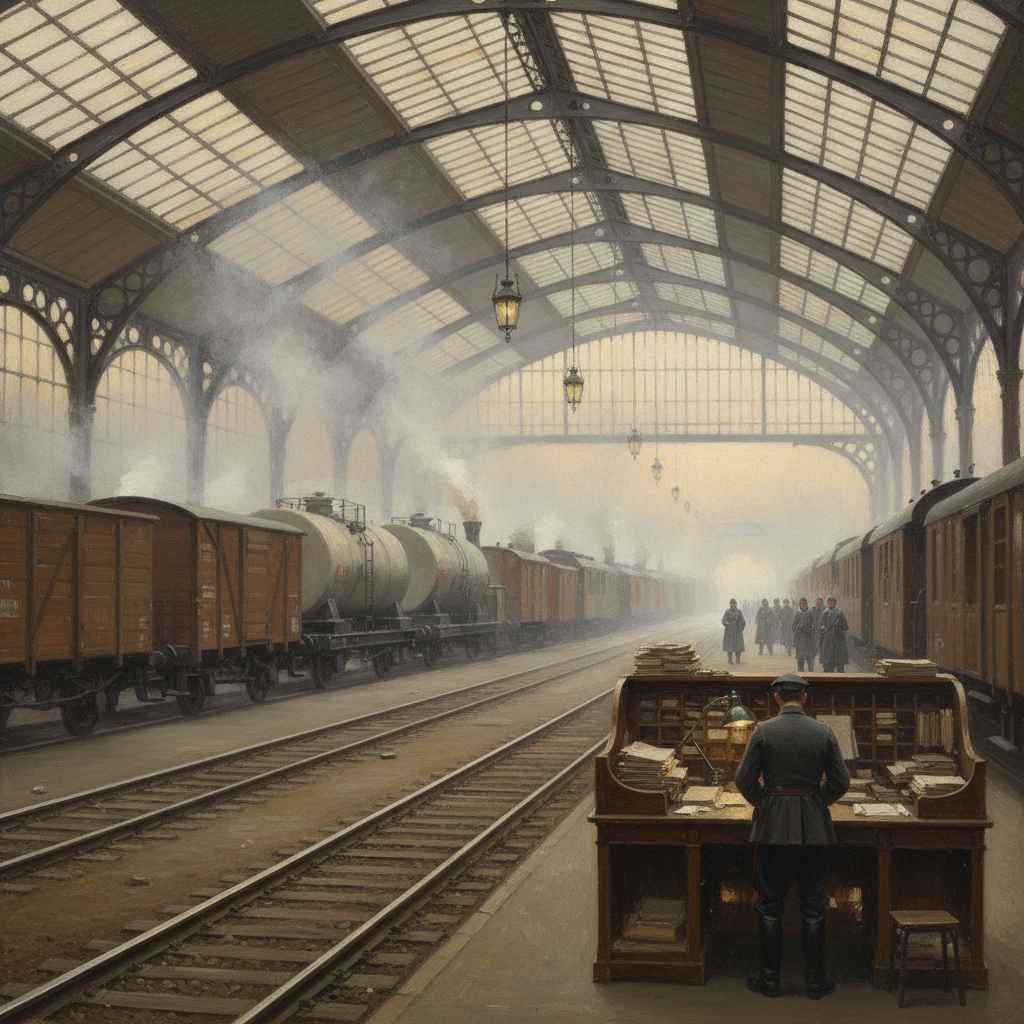 Munich Kreuzbahnhof Cross-Station at dawn — grain wagons, chrismole tankers and troop carriages on fourteen platforms under a vast iron-and-glass canopy, steam rising, soldiers in grey greatcoats at the far platform