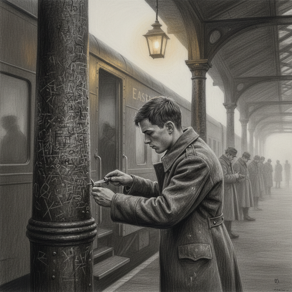 Platform Eighteen — a young soldier pressing his knife-tip into an iron pillar already covered in carved names, dates and unit markings, an eastbound train door visible behind him, other soldiers waiting in fog
