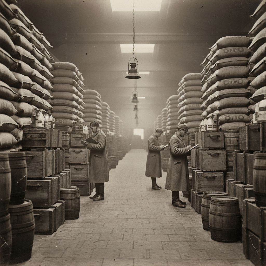 Munich Provisorium warehouse interior — stone-floored hall, pallets of grain sacks, ammunition crates and barrels stacked nine deep, Bureau of War workers in grey coats with clipboards, dust hazing the lamplight