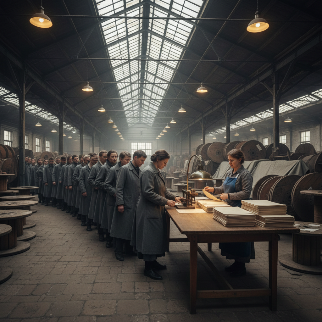 Mothers of Plenty registration queue in Budapest Seventh District textile warehouse — refugees in plain coats in a long line, registrar at lamp-lit table with stamp-press and provisional-document blanks, grey dawn light