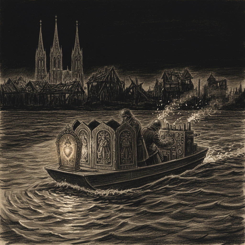 Danube river patrol at night — flat-bottomed patrol boat, reliquary lamp at the bow casting amber light on dark water, Litany-Engineer at the stern, silhouetted Pest rooflines and three church spires across four hundred metres