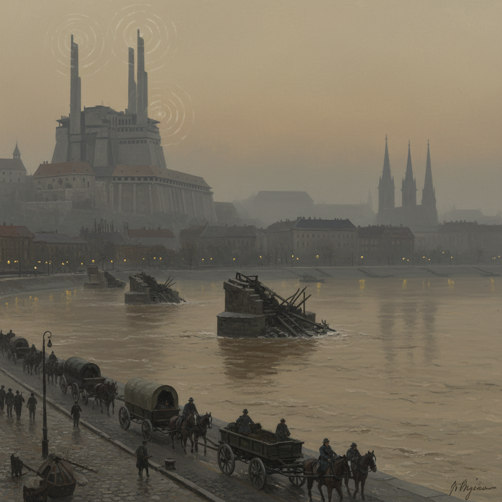 Budapest western bank from the Danube at dusk — Buda castle hill with Bureau orison-signal towers, demolished Chain Bridge piers in brown water, dark Pest rooflines across the river, convoy wagons on the western quay