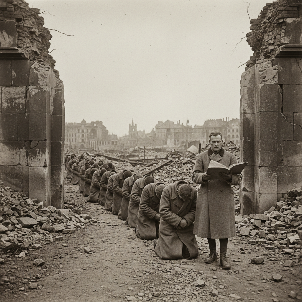 Pilgrims on their knees moving through the rubble-lined Via Stahlhand processional path in the Kärntner Gate breach, a Bureau guide walking upright ahead