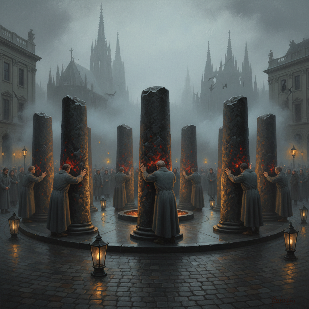 Seven basalt columns in the Heldenplatz at dusk, pilgrims in plain grey coats pressing their palms against the warm stone, ruined cathedral spires rising through fog behind