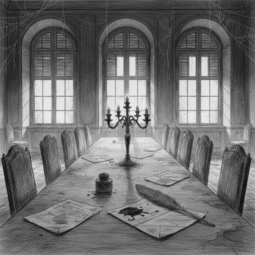 The Council of Nine's sealed last meeting chamber in the Hofburg Palace, long table set for nine in a dust-grey room, last minutes on the desk, ink pen lying wet in the fold of the page
