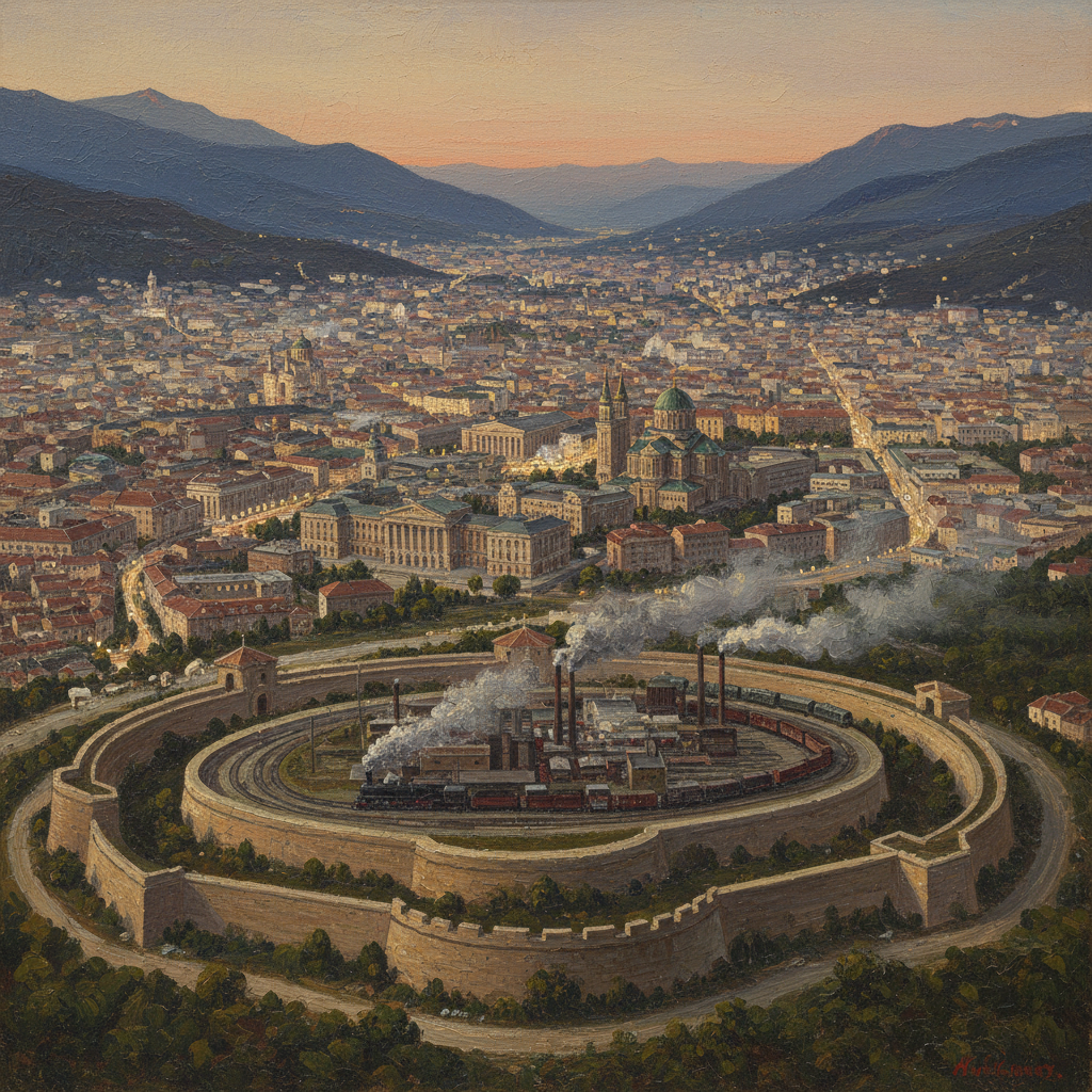 Sofia valley from the Vitosha foothills at dusk — three concentric fortification rings encircling the city, rail terminus and supply trains in the foreground, citadel buildings at centre, mountain ridges east and west