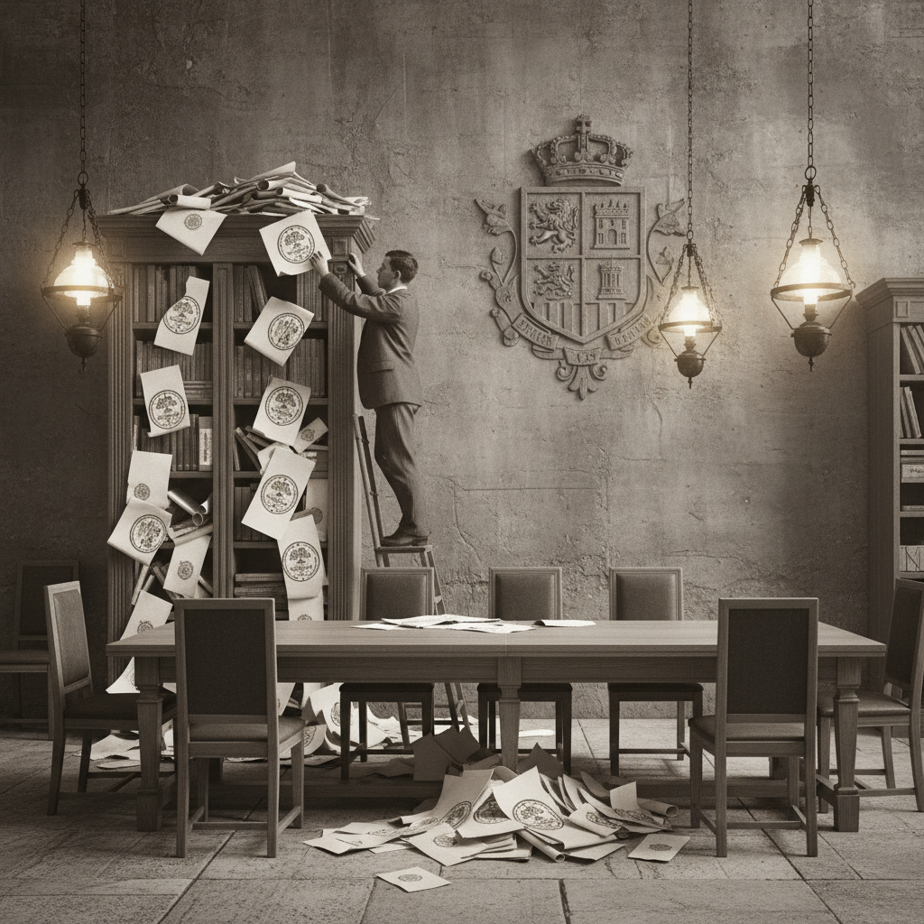 Sofia council chamber — a seven-foot cabinet of denied Bureau objections against the wall, a clerk on a stepladder adding another stamped form, the council table below, gas lanterns, institutional grey stone