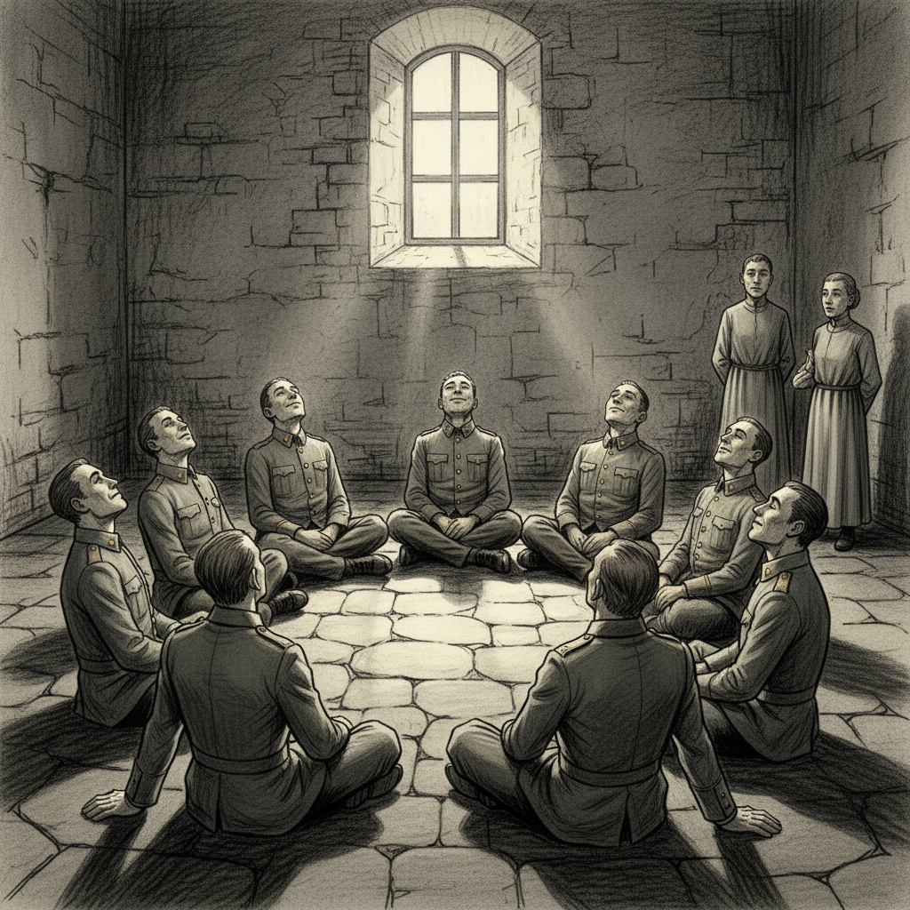 Nine soldiers seated in a ring in a stone ward room, expressions of beatific contentment, military uniforms neat, two orderlies watching with quiet unease, morning light through a high narrow window