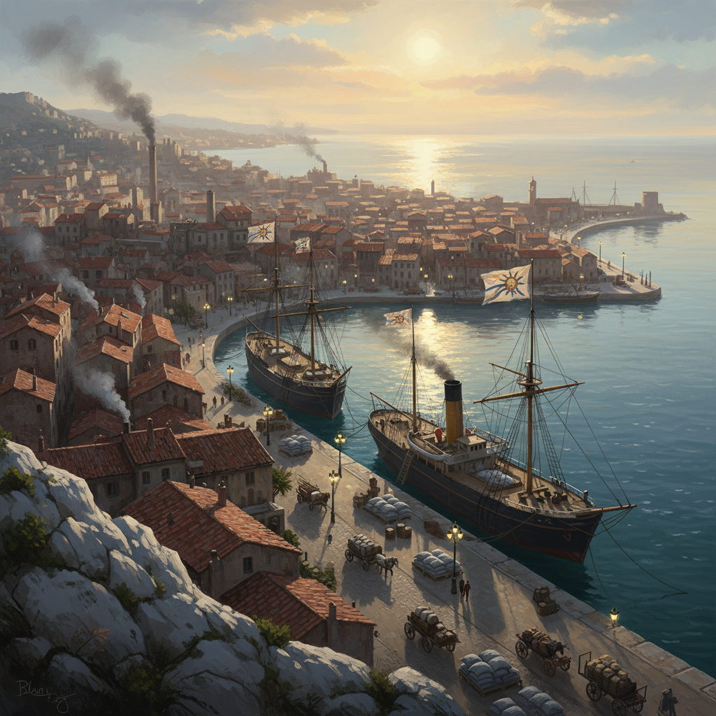 Marseille Vieux-Port at dawn — limestone hills descend to the harbour, a pilgrim-fleet vessel docked at the eastern basin, a salt-cargo steamer unloading at the Quai des Oraisons, gas lanterns still lit in the pre-dawn Mediterranean haze