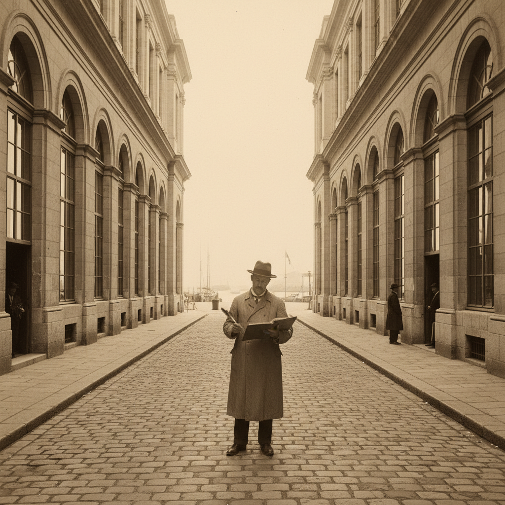 Two identical limestone Bureau offices facing each other across the Quai des Oraisons, a merchant with a manifest ledger standing between them uncertain which door to approach, Bureau clerks at arched windows above