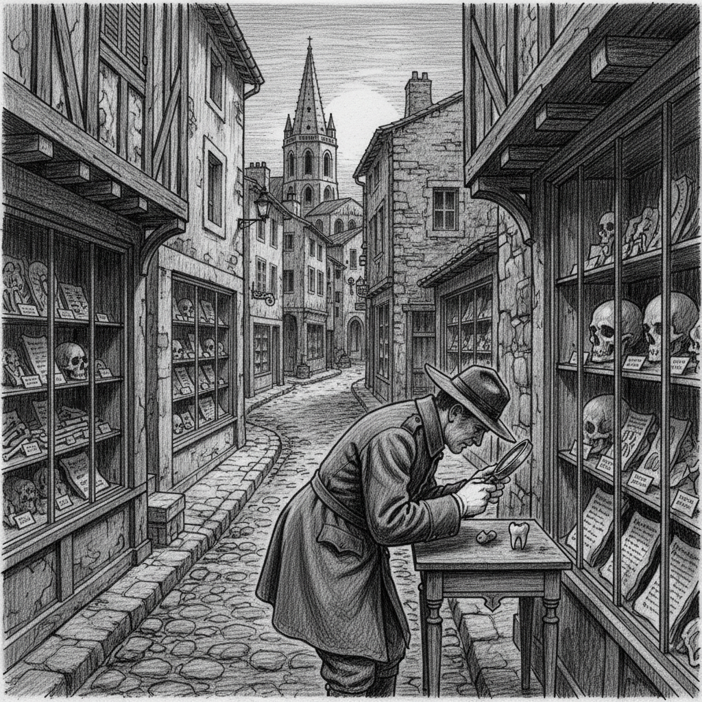 Narrow streets of the Marseille relic dealer quarter, shopfronts with glass cases of authenticated bone fragments, a white-gloved Relic Authenticator examining a tooth, the Cathedral of Saint-Victor spire above the rooftops