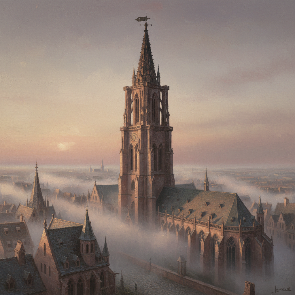 The Tower of the Quill rising above Strasbourg's ecclesiastical quarter at dawn, sandstone spire soot-darkened on upper courses, quill-nib weathervane at the summit, fog rolling through streets below, Gothic rooftops pressing close