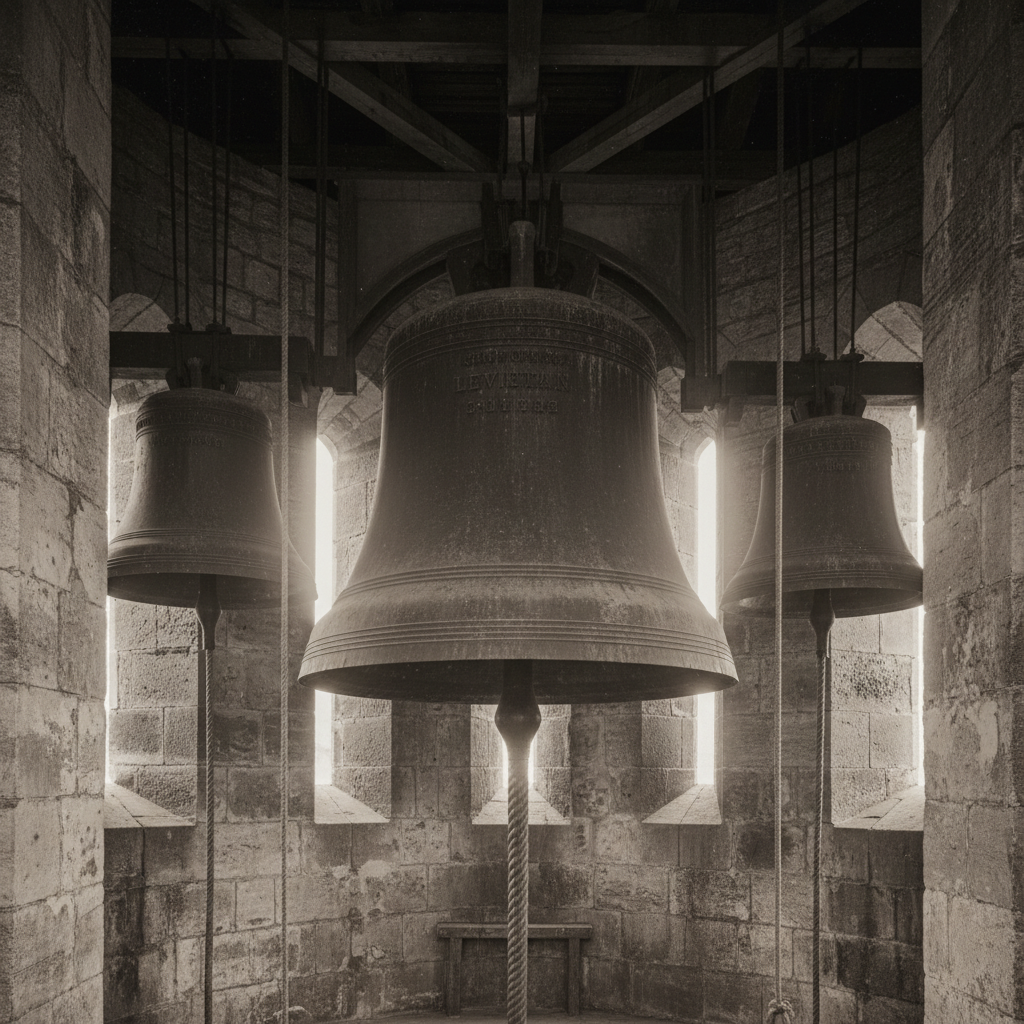 The three bells of the Tower of the Quill belfry — the vast Leviathan at centre, Fames and the unnamed Whisper flanking it, bellmen ropes hanging down, thin bars of light through stone slit-windows