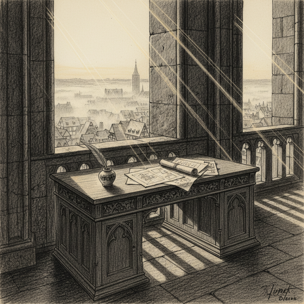 The Gallery of the Quill at dawn, a walnut writing desk against the eastern stone railing, ink-pot and documents spread on the desk, Strasbourg rooftops visible far below through the balustrade, thin golden bars of morning light crossing the floor