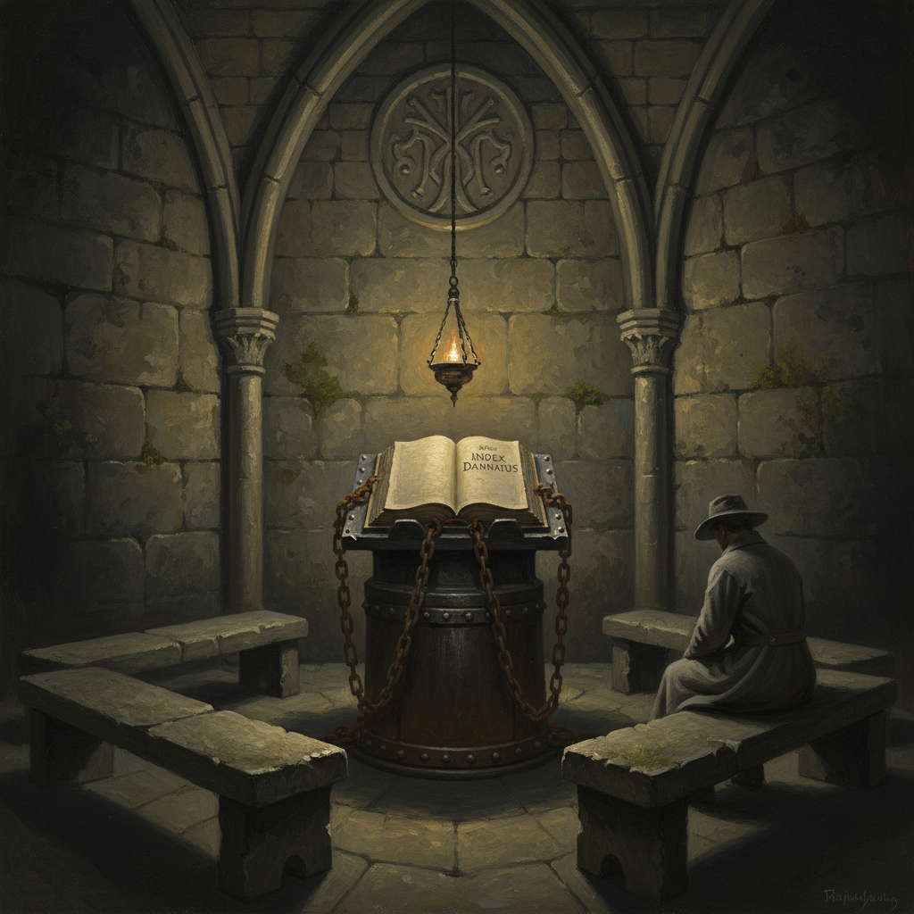The iron lectern at the centre of the Vault of Silences, Index Damnatus chained open under consecrated lamplight, stone-ribbed vault converging on the Synod seal above, an Inquisitor on the south bench with head averted from the open page.