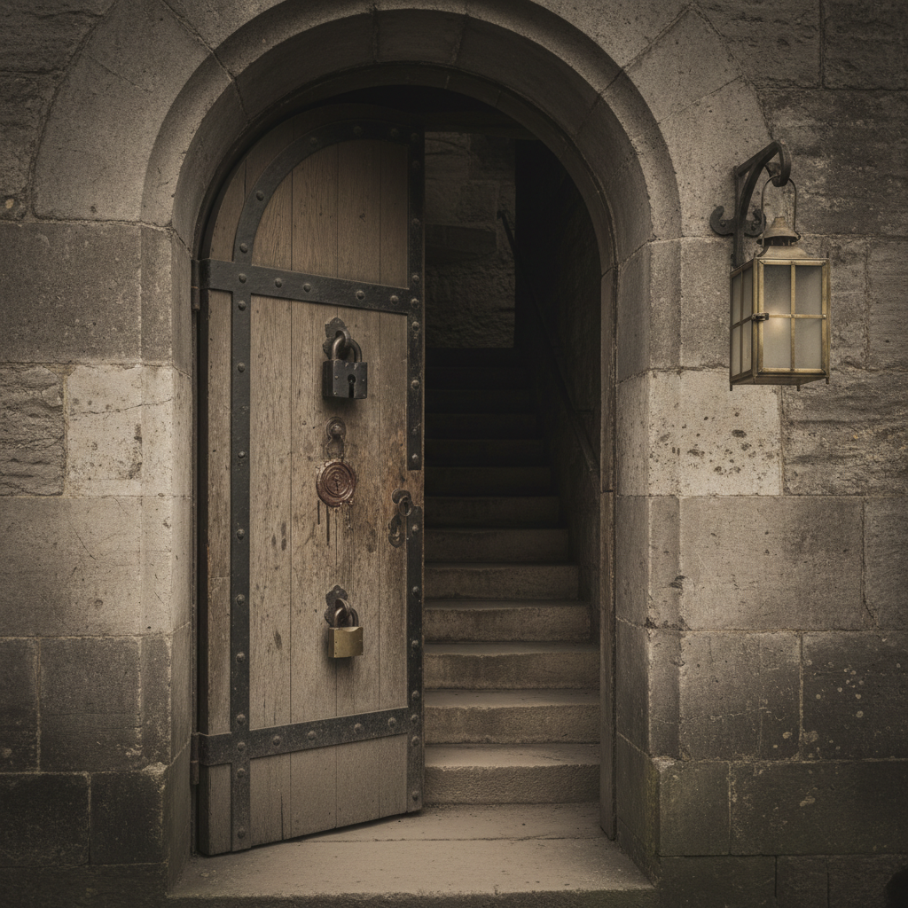 The iron-banded oak door at the entrance to the Vault, three locks visible, worn limestone steps descending into cold darkness, Bureau of Purity lantern on a hook beside the frame.