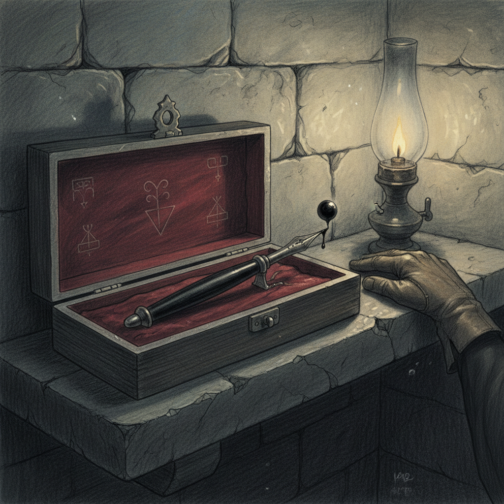 The never-drying pen from Vienna's Council of Nine in its lead-lined box, nib glistening, ink still wet after a hundred and six years, an Inquisitor's gloved hand withdrawn, cold lamplight.