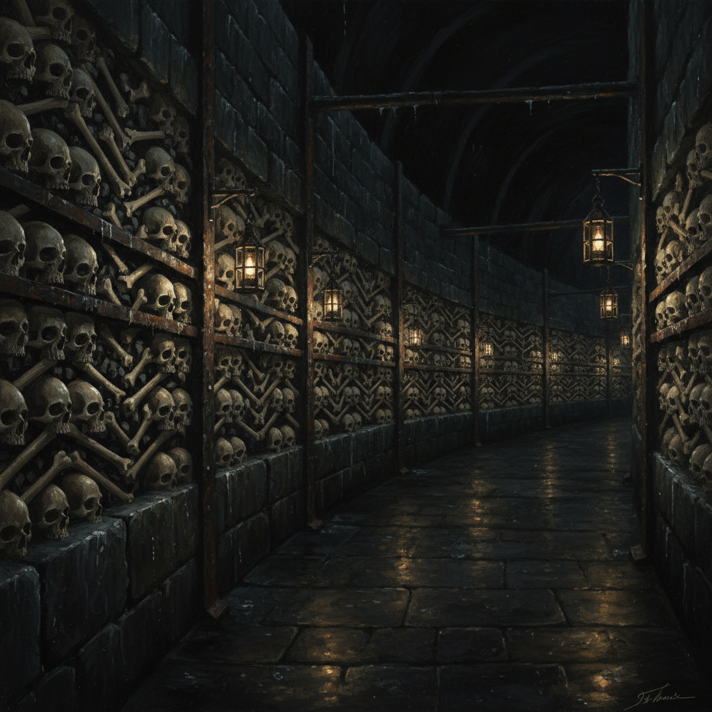 Interior of the First Ring bone-corridor at night — skulls in regulation chevron courses facing outward, long bones at forty-five degrees, tallow lanterns casting amber light on bone-lime mortar, the corridor stretching into darkness