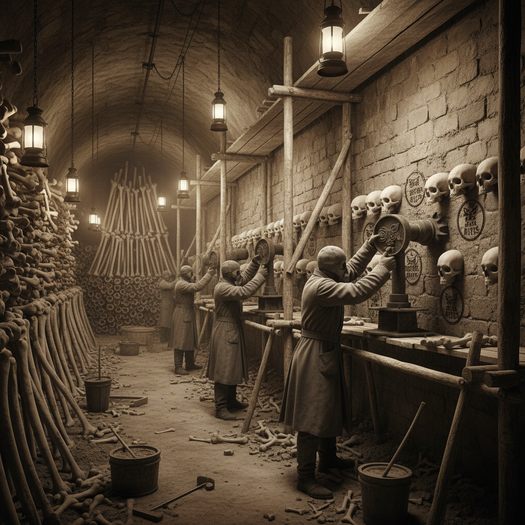 Bone-stampers pressing Bureau of Rites stamps onto skulls in a newly excavated tunnel section, grey-coated workers at scaffolding, bone-lime dust hazing the lantern light, stacked long bones in the background
