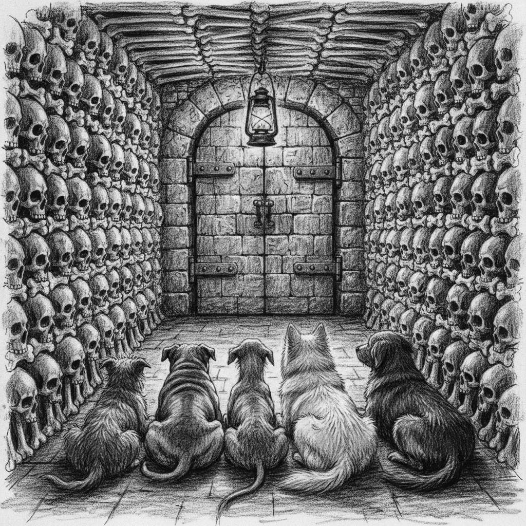 Six dogs lying in a row in a narrow Ossuary Rings corridor, all facing toward a sealed stone door, tallow lantern casting long shadows on bone-course walls, skulls in chevron courses on either side