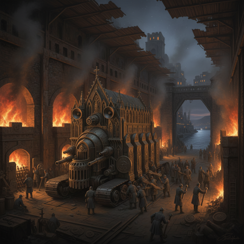 Central forge-yard of the Foundry Quarter at night — great furnaces blazing, a Catacomb-Carrier on iron treads in final assembly, smoke-blackened brick walls, artificers in grey greatcoats, harbour wall and dark Bosphorus beyond